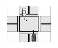 The white car will turn left. The black car will go straight. Which has the right-of-way?
