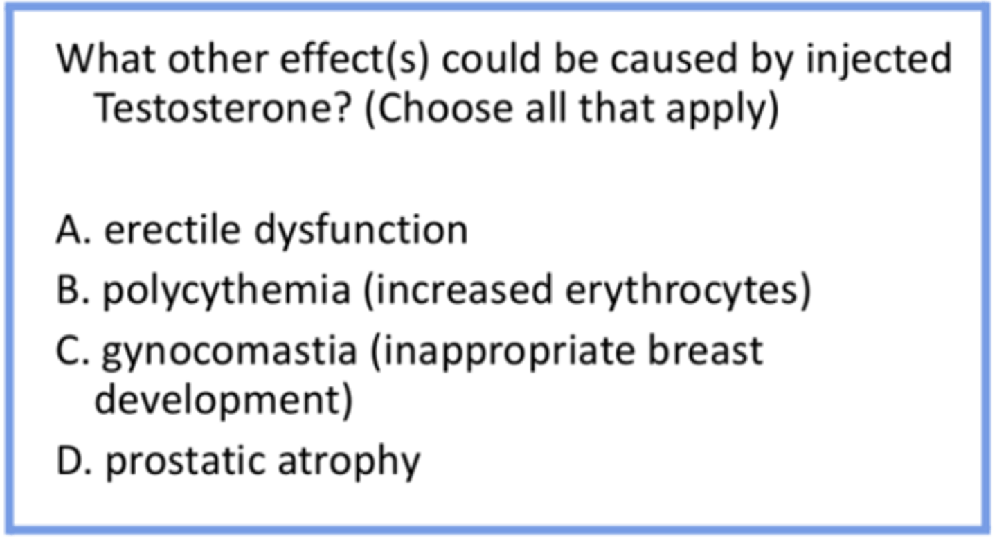 <p>case study: a male has been taking testosterone because he believes it will help enhance the results of his intense weight training, but has been experiencing trouble with having a successful pregnancy with his wife. due to this they consult an infertility specialist.</p><p>what other effects would be caused by injected testosterone? (see answer options in the picture)</p>