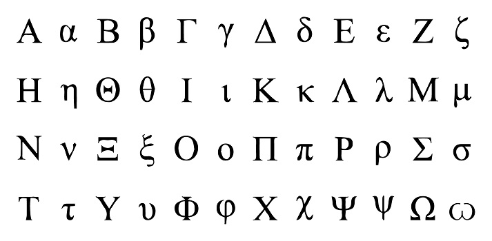 <p>Contains many English letters, along with recognizable symbols such as the omega and triangle</p>