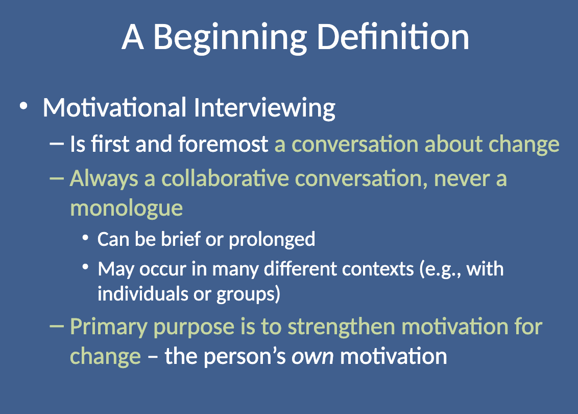<p>The <strong>primary purpose of Motivational Interviewing is to strengthen a person’s motivation for change</strong> — specifically, their own motivation, not the helper’s agenda or view.</p>