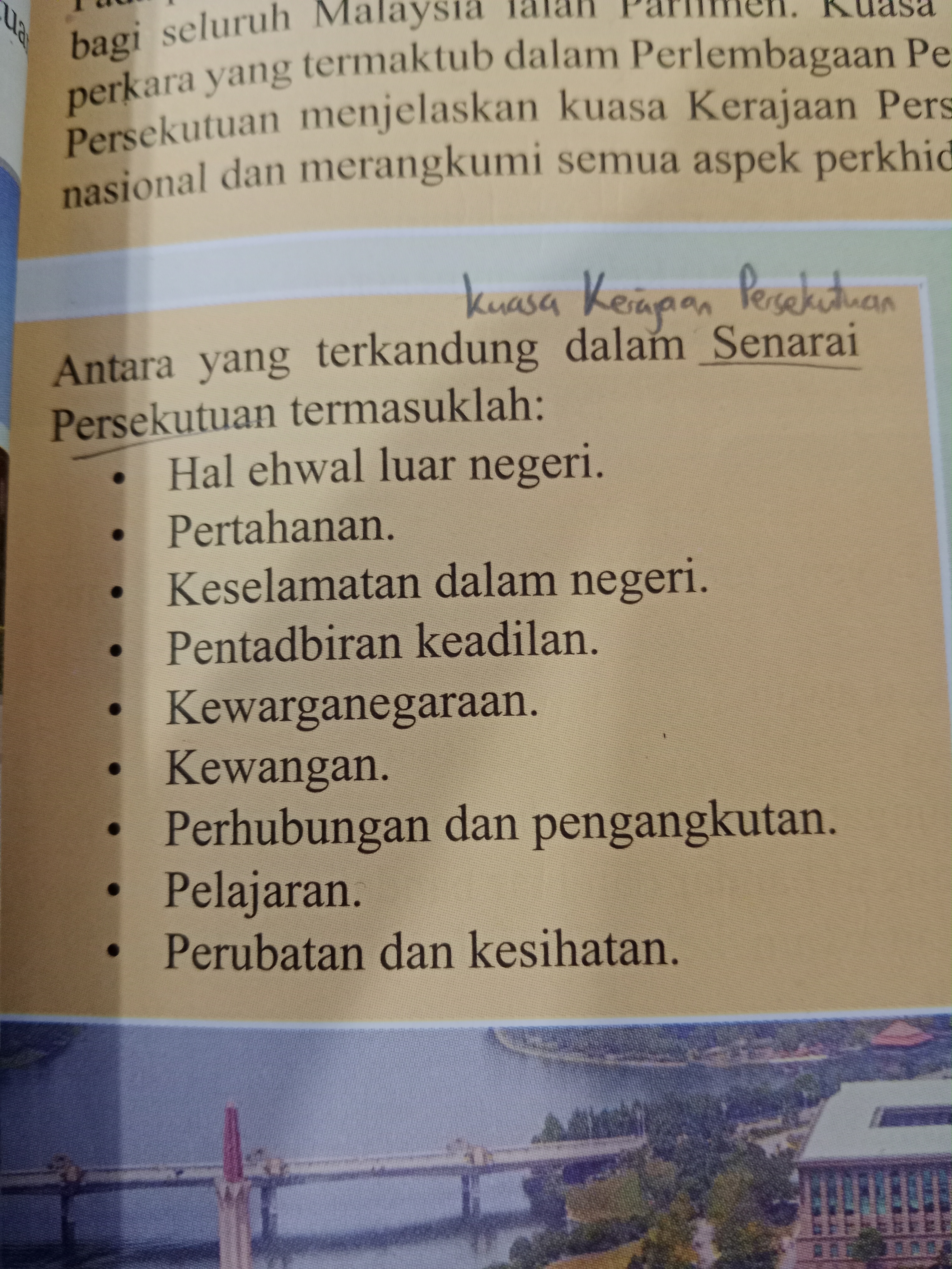 <p>Kuasa Kerajaan Persekutuan meliputi perkara yang termaktub dalam Perlembagaan Persekutuan sebagai</p>
