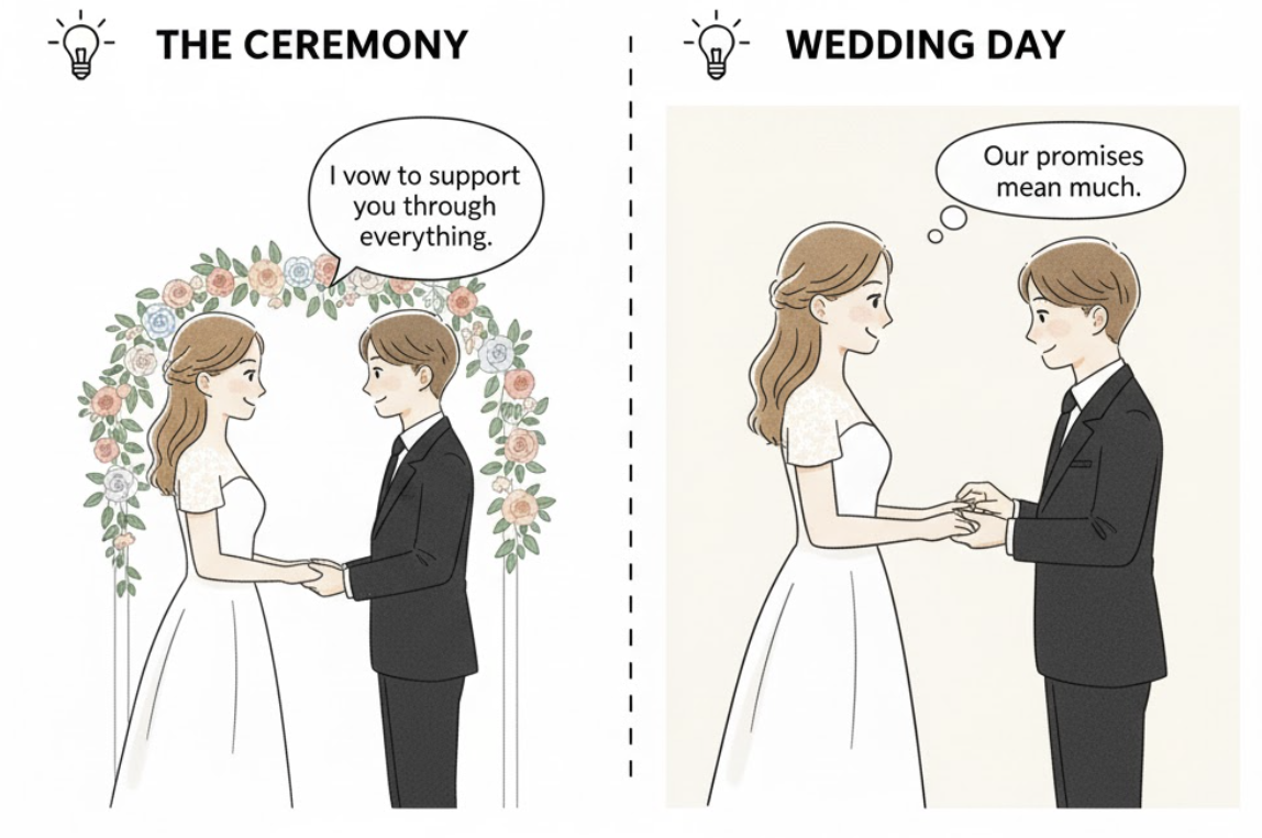 <p><strong>solemn promises, especially those exchanged during a marriage ceremony</strong> </p><p>(lời thề, lời hứa trang trọng, lời thề nguyện (đặc biệt trong hôn nhân))</p>