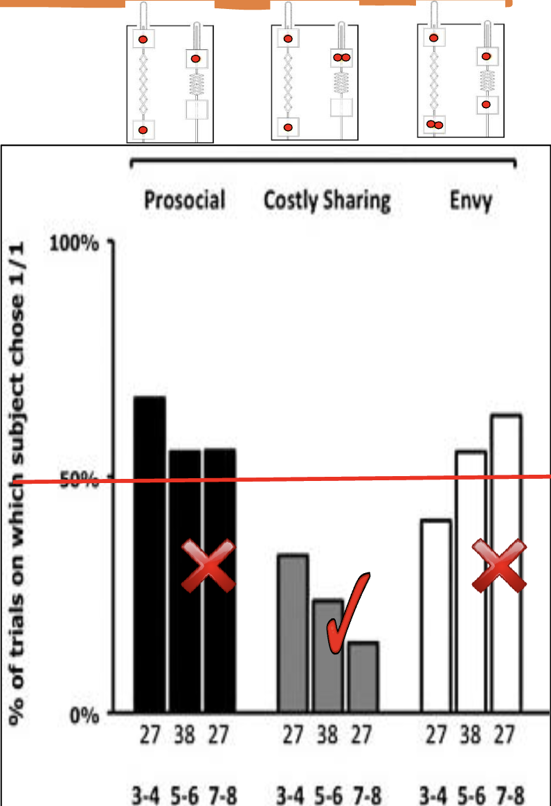<p>Overall, children were not very generous. <span>In the prosocial game (black bars) children equally</span><br><span>likely to offer either a reward or nothing to their</span><br><span>partner. </span></p><p><span>However, children appear less willing to select an</span><br><span>option were both individuals receive a reward (1:1</span><br><span>option) rather than the 2:0 option where they</span><br><span>receive more themselves (grey bars).</span></p><p><span>Children appear reluctant to award a greater value reward to their partner (1:2 option) in the envy game (white bars). Choosing instead 1:1</span></p>