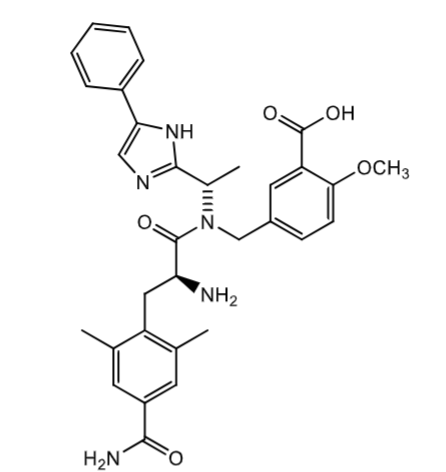 <p>oral admin, poor oral bioavailability</p><p>- poor GI absorption</p><p>- zwitterion</p><p>1st pass extraction via OATP1B1 (pulls drug into bile)</p><p>MOR agonist, KOR agonist, DOR antagonist (may mitigate OIC)</p><p>Tx IBS with diarrhea</p>