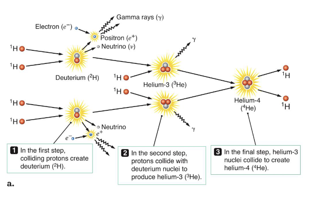 <p>Hydrogen&gt;Helium fusion</p><p>Proton-Proton Chain: 4 H nuclei are converted to He nucleus.</p><p>Required high temp and high density (doesn’t happen spontaneously on Earth)</p>