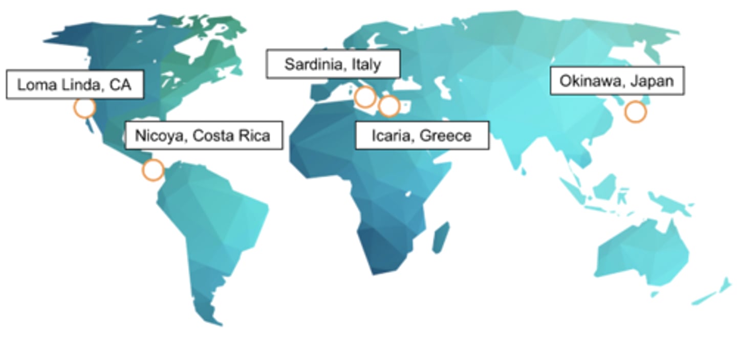 <p>Areas of the world where it is common for people to live to be over 100 years old.</p>