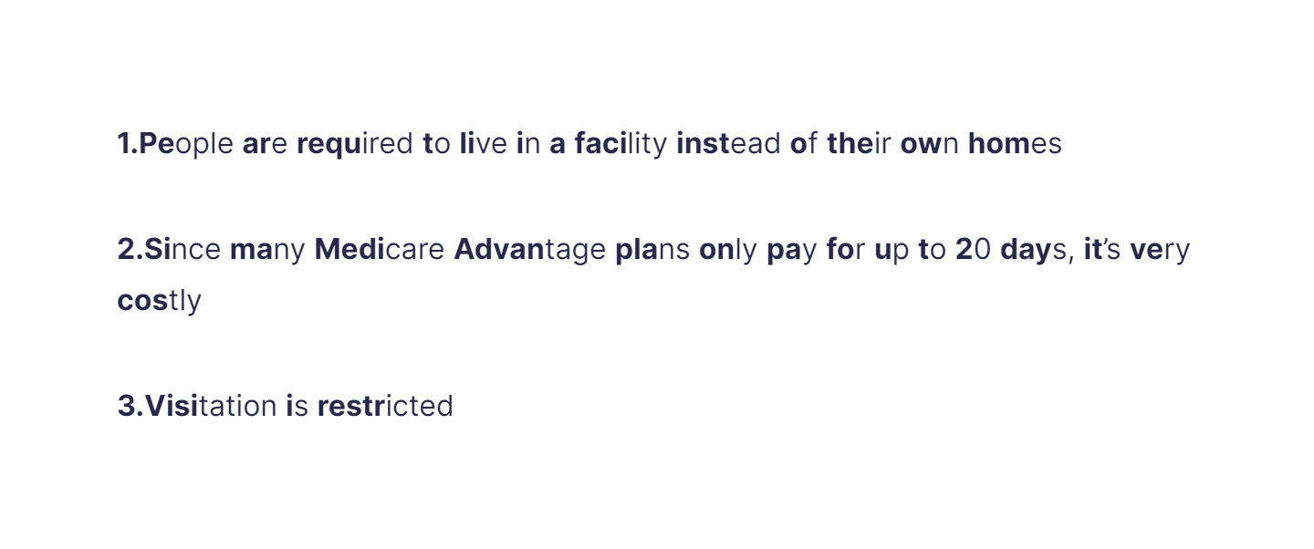 
1. People are required to live in a facility instead of their own homes

   \
2. Since many Medicare Advantage plans only pay for up to 20 days, it’s very costly

   \
3. Visitation is restricted