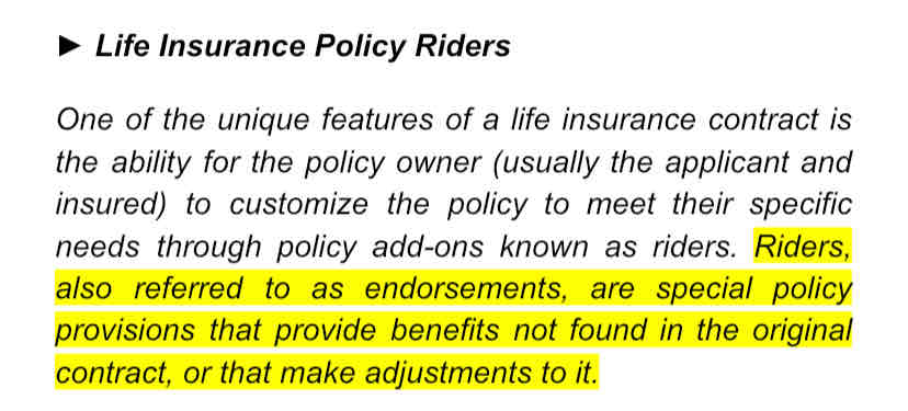 <p>An endorsement found in an insurance plan which modifies the provisions of the policy is called</p><p>a(n)</p><ul><li><p>attachment</p></li><li><p>add-on</p></li><li><p>rider</p></li><li><p>supplement</p></li></ul>