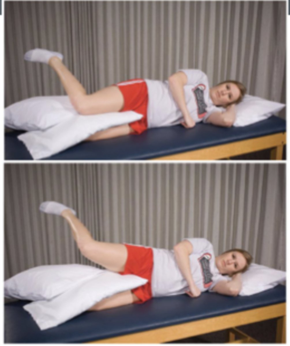 <p>pt sidelying with involved LE on top with hip in neutral and knee at 90 degrees flexion; pillow supporting LEs</p><p>-pt externally rotates against gravity</p><p>-ABDucting hip biases glut min</p>