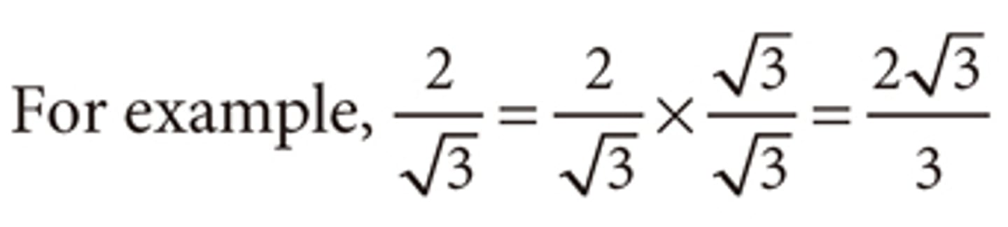 <p>rewrite a fraction so that there are no radicals or i in any denominator and no fractions/decimals as the radicand</p>
