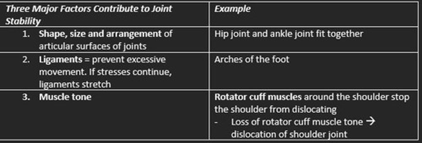 <p>1) Shape, size &amp; arrangement of articular surfaces</p><p>2) Ligaments </p><p>3) Muscle tone e.g., rotator cuff muscle (shoulder)</p>
