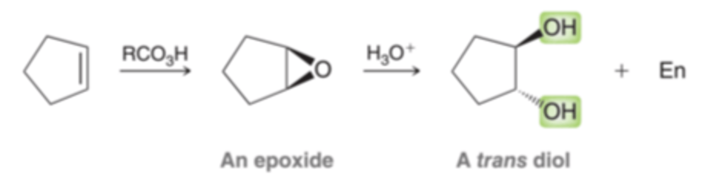<p>The first step of the process involves conversion of the alkene into an epoxide, and the second step involves opening the epoxide to form a trans diol. An <b>epoxide</b> is a three membered, cyclic ether</p>