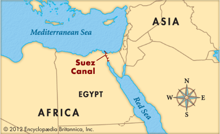 <p>A ship canal in northeastern Egypt linking the Red Sea with the Mediterranean Sea</p>