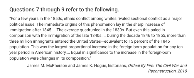 <p>Which of the following could best be used as evidence to support the argument in the excerpt that “ethnic conflict among whites rivaled sectional conflict as a major political issue” of the period?</p>