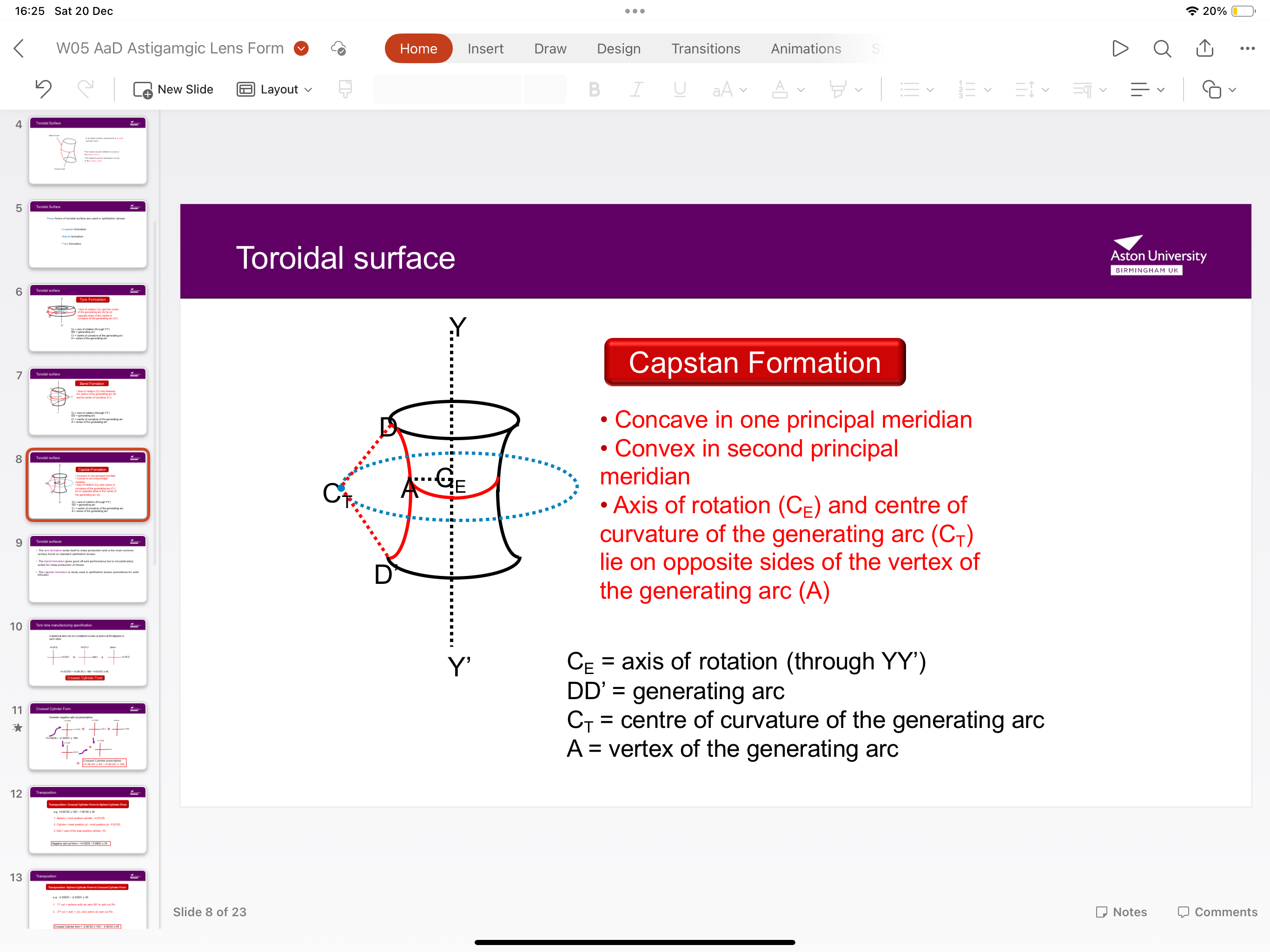 <p>Light focuses more on the outer parts and less in the centre, this makes the image look narrow in the middle and wider at the ends. This forms a capstan image rather than a single point due to unequal curvature and focusing</p>