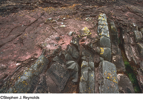 James Hutton inferred that the rocks below the contact at Siccar Point were vertical gray sandstone and shale and the rocks above were gently dipping red sandstone and conglomerate. Therefore, the histories of these rocks