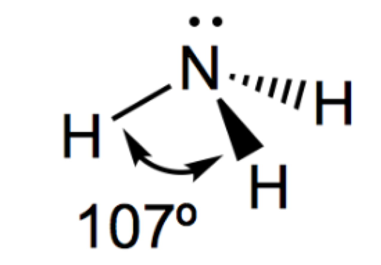 <ul><li><p>3 bonded pairs</p></li><li><p>1 lone pair</p></li><li><p>107</p></li></ul><p></p>