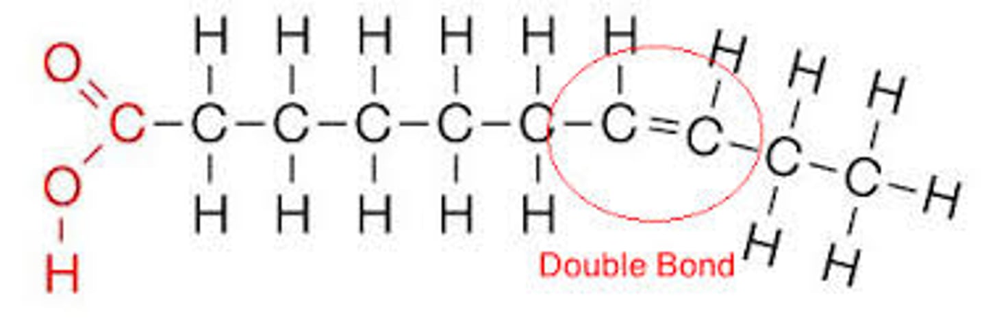 <p>A fatty acid where some of the carbons are NOT "full" of hydrogen, some of the carbon-carbon bonds are double bonds, the fatty acid chains will be "kinked" or bent (not straight) and not stack together well. Liquid at room temperature.</p>