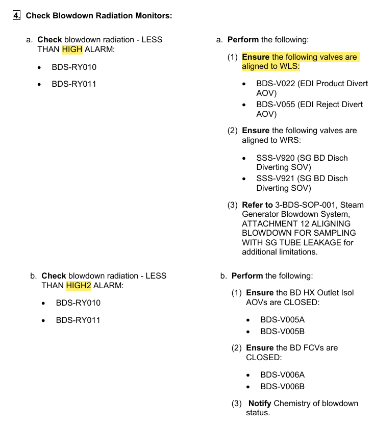 <p>High-1:<br>Ensure Product and Reject diverted to WLS<br>Ensure BD Disch diverted to WRS<br>Refer to SOP</p><p>High 2:<br>Ensure Valve 5 &amp; 6 isolation</p>