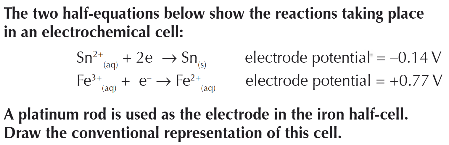 <p>Draw the conventional representation of this electrochemical cell </p>