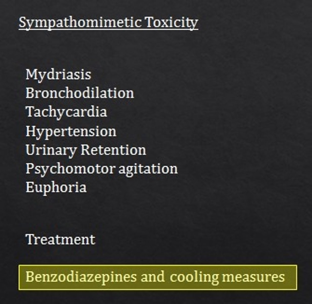 <p>Delusions, agitation, paranoia</p><p>Tachycardia</p><p>HTN</p><p>Hyperthermia, sweating</p><p>HYPER-reflexia</p><p>Mydriasis</p>