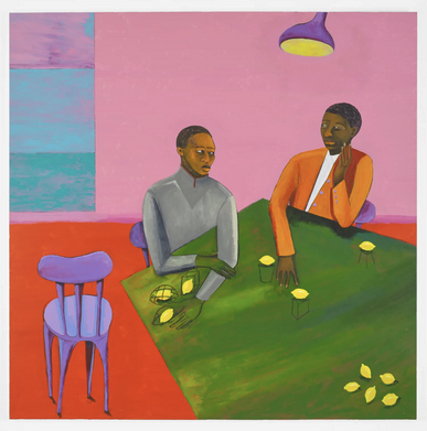 <p>Meaning: <span style="background-color: transparent;"><span>Shows two Black men with lemons to explore history, memory, and power, questioning who is remembered or forgotten. Lemons symbolize labor, colonialism, and burdens, while the vibrant painting invites viewers to reflect on whose stories are told.</span></span></p>
