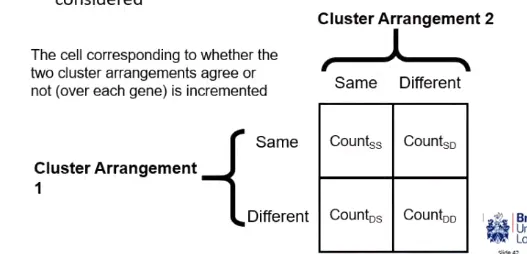 <ul><li><p>uses a 2x2 contingency table where all unique pairs of genes are compared and considered (n(n-1)2 comparisons)</p></li><li><p>for each pair, have they been clusters in 1 arrangement, and have the same pair been clustered in the 2nd arrangement (we want pairs clustered in the expert arrangement to also be clustered in the new arrangement and vice versa)</p></li></ul><p>can convert the contingency table to a number - agreement strength</p>