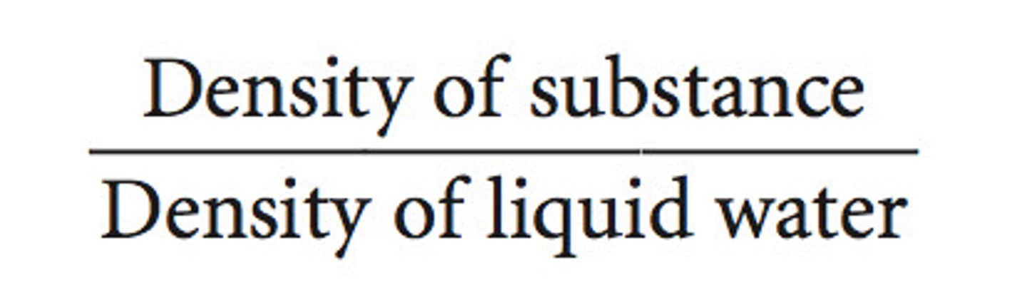 <p>A unitless number that shows a ratio of the density of a substance in relation to the density of water.</p>