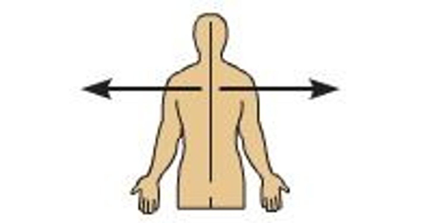<p>Away from the midline of the body</p><p>Ex) The arms are lateral to the chest</p>