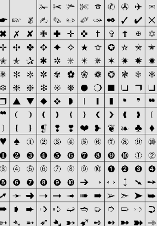 <p>symbols, marks, or images that are designed to work as part of a system as a typeface</p>