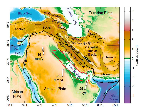 <ul><li><p>Eurasia</p></li><li><p>Lifts Zagros and Caucasus mountains</p></li></ul><p>&nbsp;</p>
