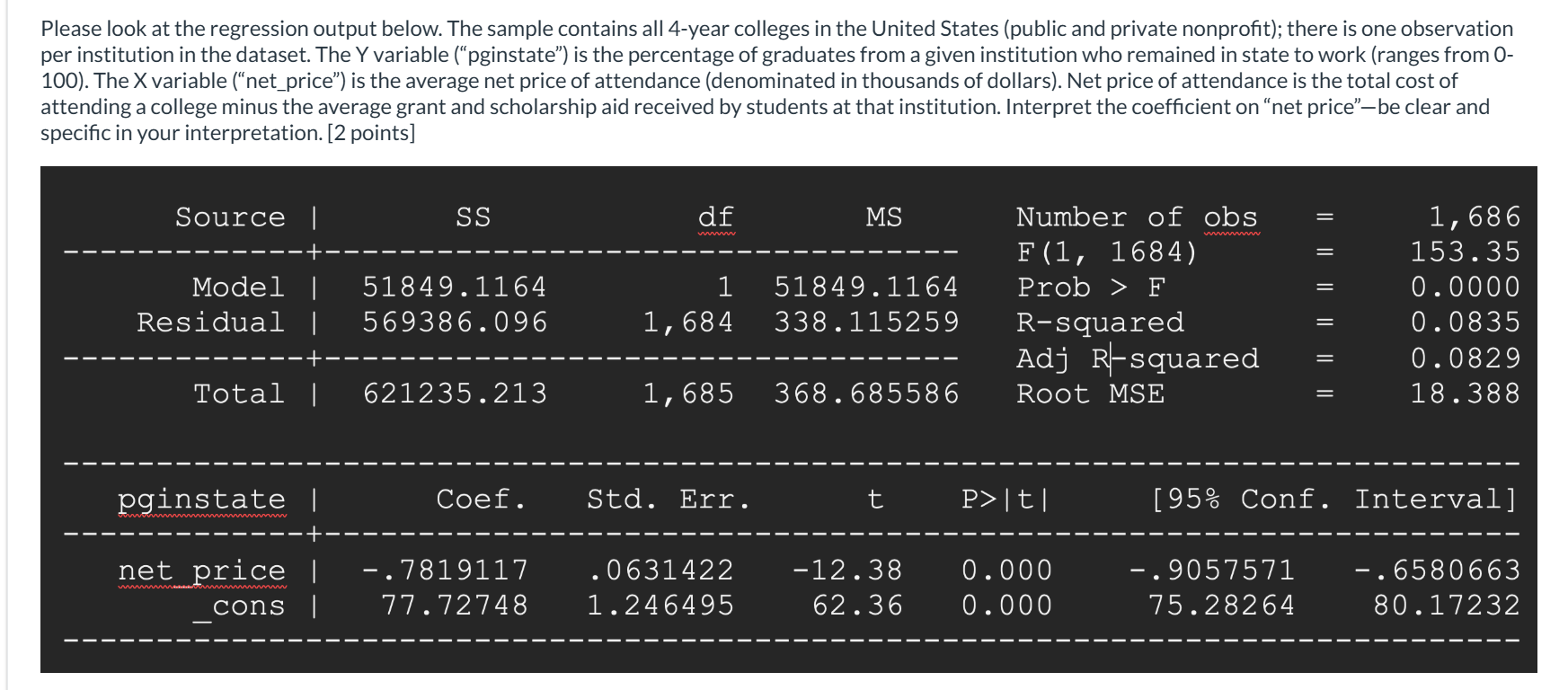 <p><span><span>how would one interpret the estimate of the constant? Does it have a sensible, policy-relevant interpretation in the context of this analysis? Why or why not? </span></span></p><p><br></p>