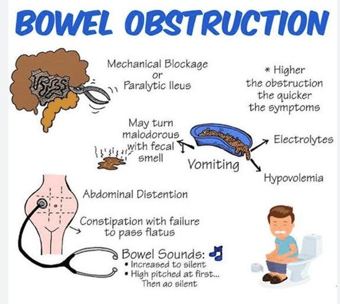 <p>Crampy, wave-like pain, passing blood or mucus without gas or fecal matter, vomiting, dehydration, abdominal distention, metabolic acidosis, hypovolemic shock, and septic shock.</p>
