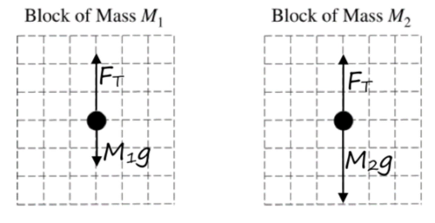 <p>(i) For correctly drawing and labeling the vectors for the weight of the block and the tension for block M₁ with the tension larger than the weight</p><p>(ii) For correctly drawing and labeling the vectors for the weight of the block and the tension for block M₂ with the weight larger than the tension</p><p>(iii) For correctly drawing tension on the two blocks as equal in magnitude</p><p>weight₁</p>