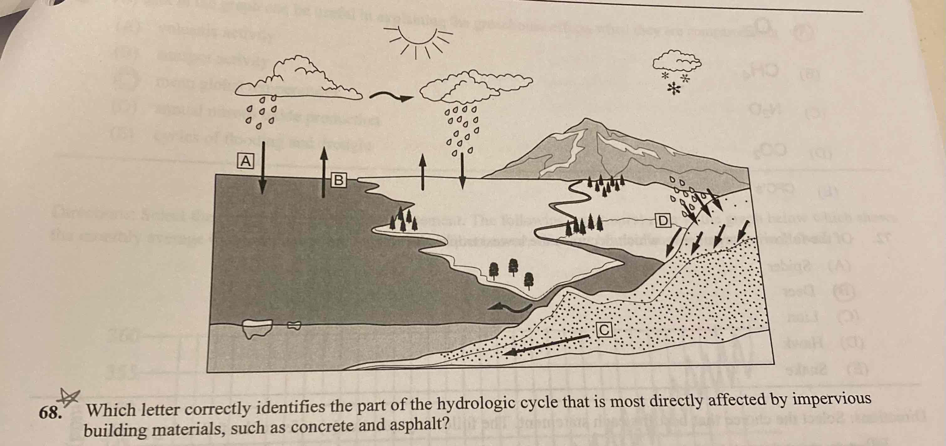 <p>Which letter correctly identifies the part of the hydrologic cycle that is most directly affected by impervious building materials, such as concrete and asphalt?</p>