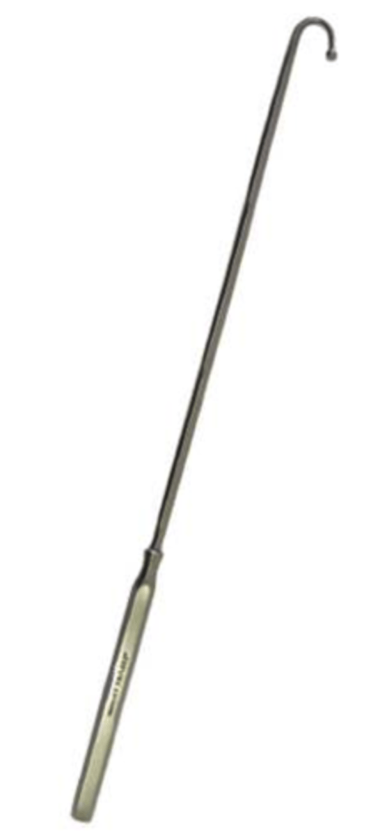 <p>Thin, curved end, Shepherd hook like</p>