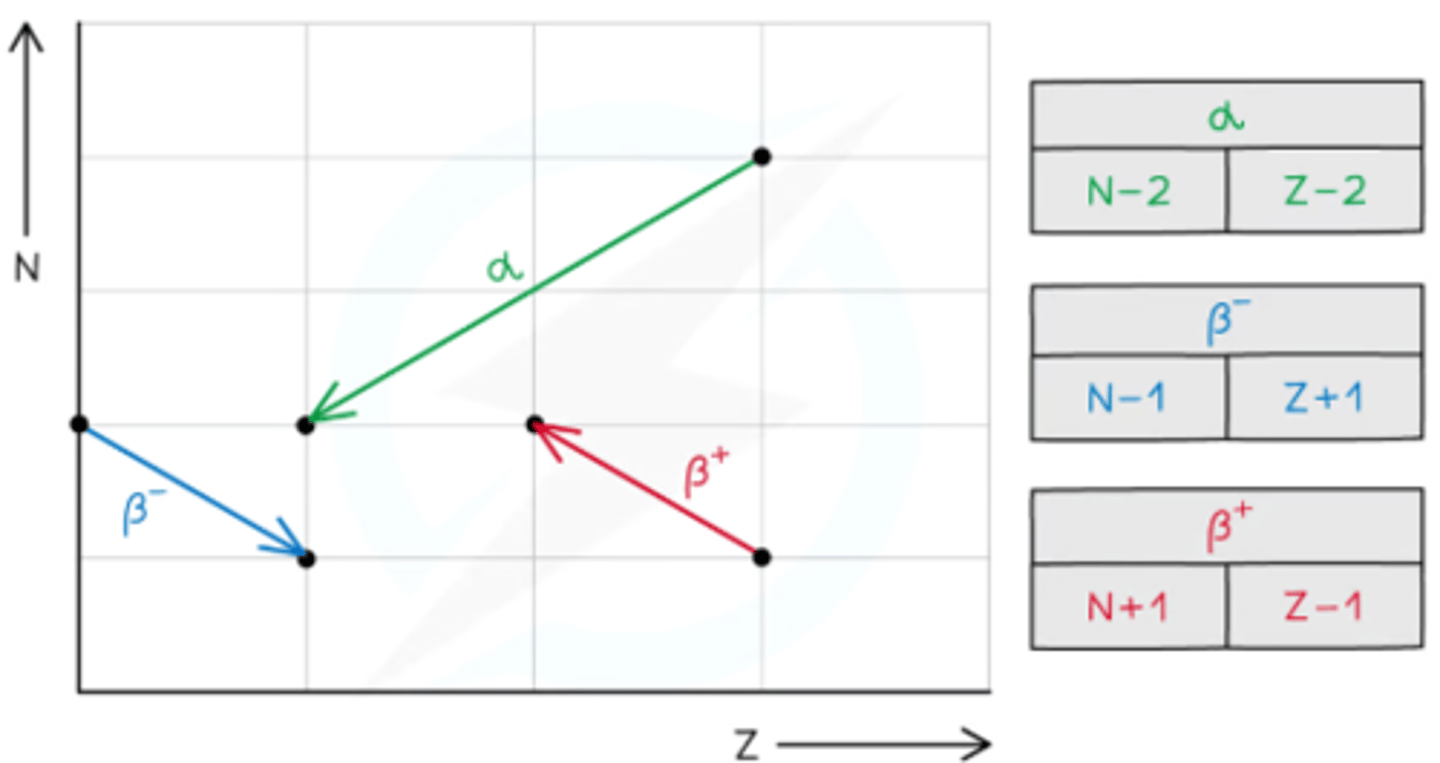 <p>Indicates whether a nucleus is stable or unstable:</p><p>- Too many neutrons → β⁻ emission</p><p>- Too many protons → β⁺ emission</p><p>- Too many nucleons → α emission to reduce both protons and neutrons</p>