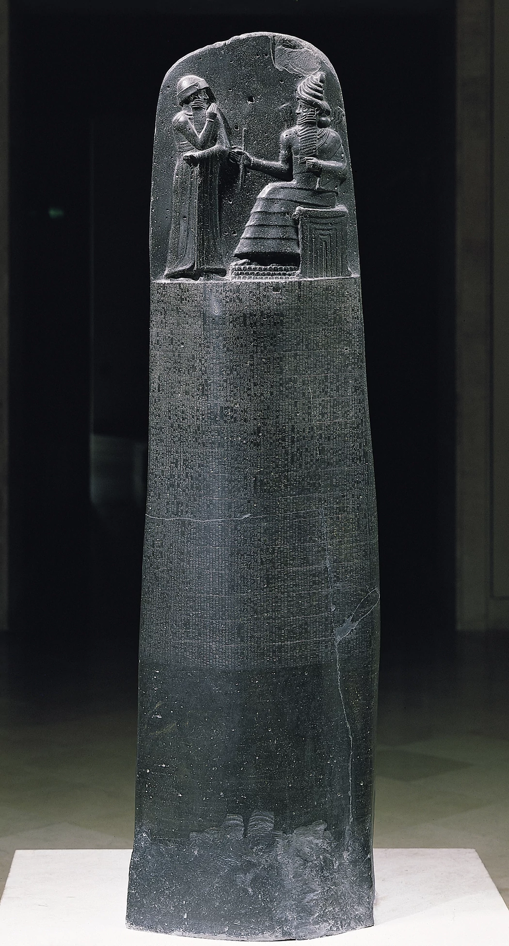 <p>Code of Hammurabi </p><ul><li><p>Babylon (modern Iran) </p></li><li><p>Susian (culture) </p></li><li><p>c. 1792 ~ 1750 BCE</p></li><li><p>basalt</p></li></ul><p></p>