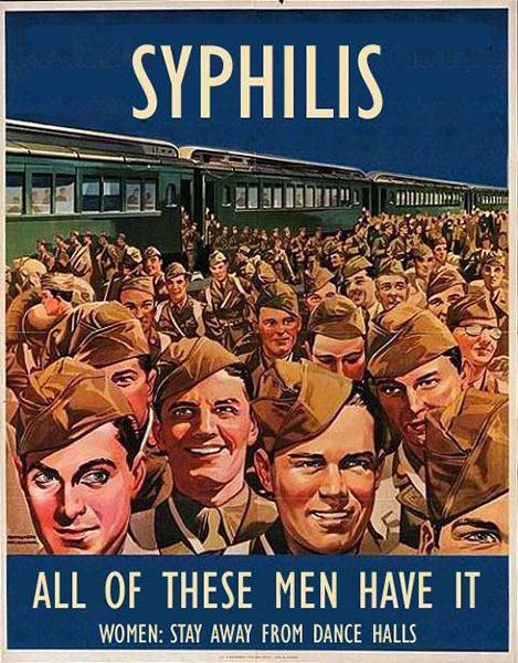 <p>This World War II soldier is either crossing his fingers or telling us to f*** off. This poster aimed to prevent the spread of venereal diseases among troops during World War II. Through humor and impactful imagery, the campaign educated soldiers on the importance of safe practices to maintain their health and readiness. The other English poster was used in the lead-up to D-Day with a different take on the dangers of syphilis. This time, it’s the gents who are the diseased floozies. <span>British, 1944. Utilizing humor and imagery, these posters aimed to educate soldiers about venereal diseases, emphasizing safe practices to ensure troop health and readiness during WWII. </span></p>