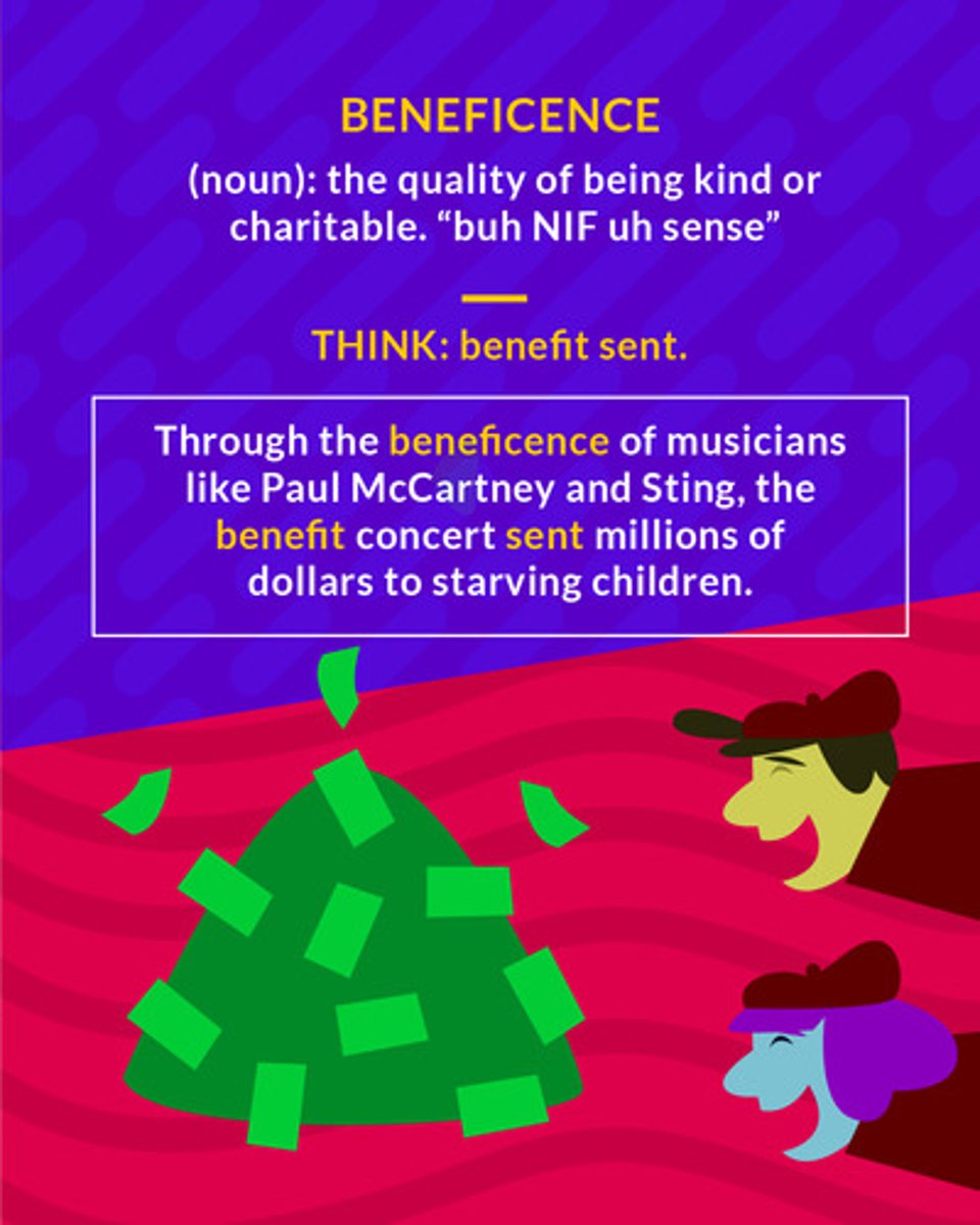 <p>Doing good or causing good to be done; kindly action</p><p>(noun) the quality of being kind and charitable</p><p>(noun) charitable</p>