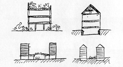 grid plan - allows for columns to support the building above the ground

bearing wall plan - wall foundation excavated into the earth