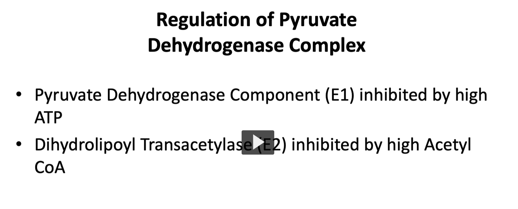 <p><u>regulation</u></p><p>many <strong>reversible reactions </strong>need<strong> regulation for inhibition</strong>, and <strong>we will talk about the ones involved in pyruvate dehydrogenase complex</strong></p><p><u>regulation of E1</u></p><p><strong>Enzyme 1 (E1)</strong> is <strong>inhibited</strong> by <strong>high concentration of ATP</strong>, thus, we can say that <strong>ADP</strong> will cause the <strong>opposite and accelerate when there is low concentration of ATP. why?</strong></p><p><strong>Enzyme 1 (E1)</strong> of the pyruvate dehydrogenase complex converts:</p><p><span>Pyruvate→ Acetyl-CoA</span></p><p>This step allows pyruvate to enter the <strong>citric acid cycle</strong>, which produces <strong>ATP</strong>.</p><p>So activating this enzyme leads to <strong>more ATP production</strong></p><p><u>regulation of E2</u></p><p><strong>Enzyme 2 (E2)</strong> is <strong>inhibited</strong> by <strong>high concentration of its product</strong>, which is <strong>acetyl-CoA</strong>, by<strong> feedback inhibition as well.</strong></p><p>1. What Enzyme 2 (E2) does</p><p>E2 in the pyruvate dehydrogenase complex is:</p><p><strong>Dihydrolipoyl transacetylase</strong></p><p>Its job is to <strong>transfer the acetyl group to CoA</strong>, producing: <span>Acetyl-CoA</span></p><p>So E2 is the step that actually <strong>creates acetyl-CoA</strong>.</p>