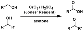 <p>CrO<sub>3</sub>, dilute sulfuric acid, and acetone oxidizes primary alcohols to carboxylic acids and secondary alcohols to ketones</p>