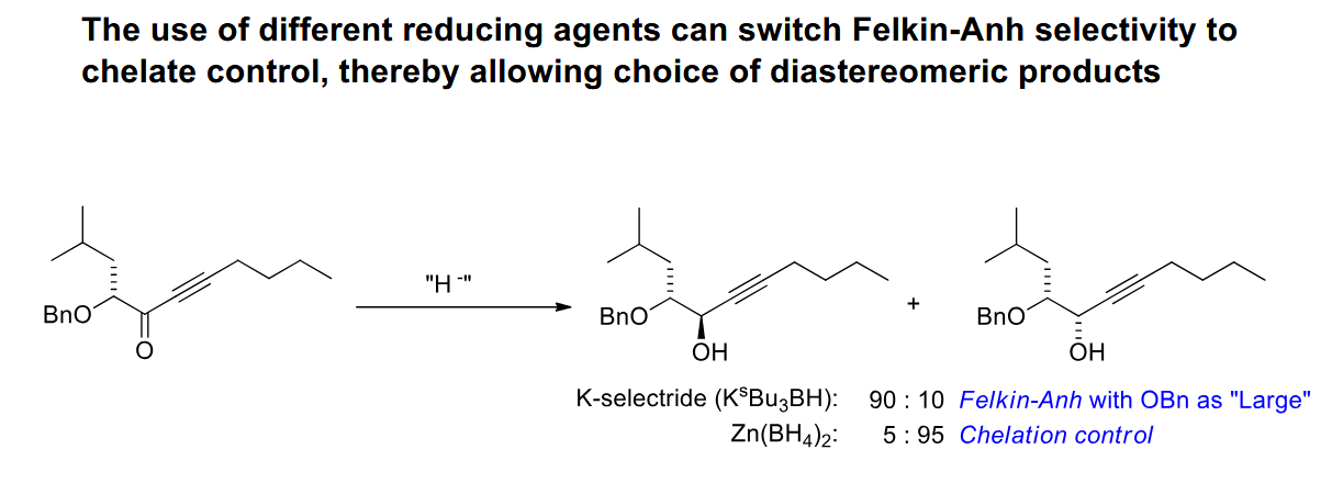 <p>You can use large reducing agents to favour the Felkin-Anh product according to sterics, or use a chelating reducing agent to force the other diastereomeric product.</p>