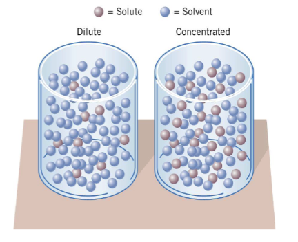 <ul><li><p><span style="background-color: transparent;">The dilute solution on the left has less solute per unit volume than the (more) concentrated solution on the right </span></p></li></ul><p></p>