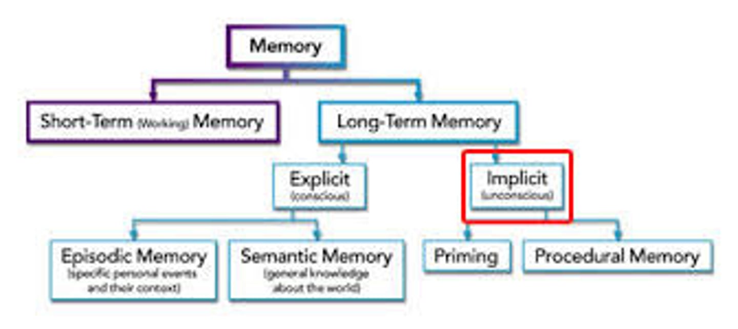 <p>retention independent of conscious recollection. (Also called non-declarative or procedural memory.)</p>