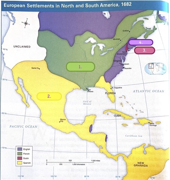 <p><span>What European country's land claims in North America are </span>shaded in purple on the map and labeled "4" ?</p>