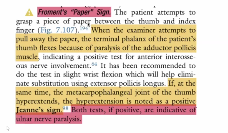 <ul><li><p>B</p></li><li><p>Froment - ulnar nerve dysfunction</p></li></ul><p></p>