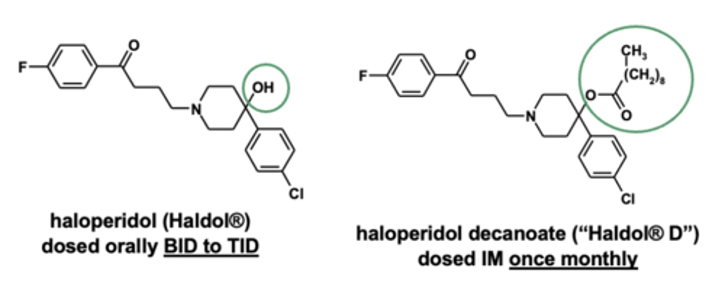 <p><strong>Haldol D prodrug</strong> dosed less often</p>