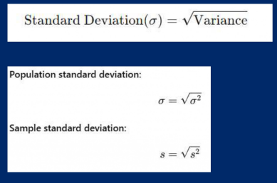 <ul><li><p>is the square root of the variance.</p></li><li><p>provides a measure of the dispersion of data points around the mean, with the same units as the original data.</p></li></ul><p></p>